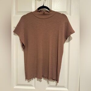 NWT Zara Ribbed Knit Top Size L Brown Ruffle Trim Short Sleeve